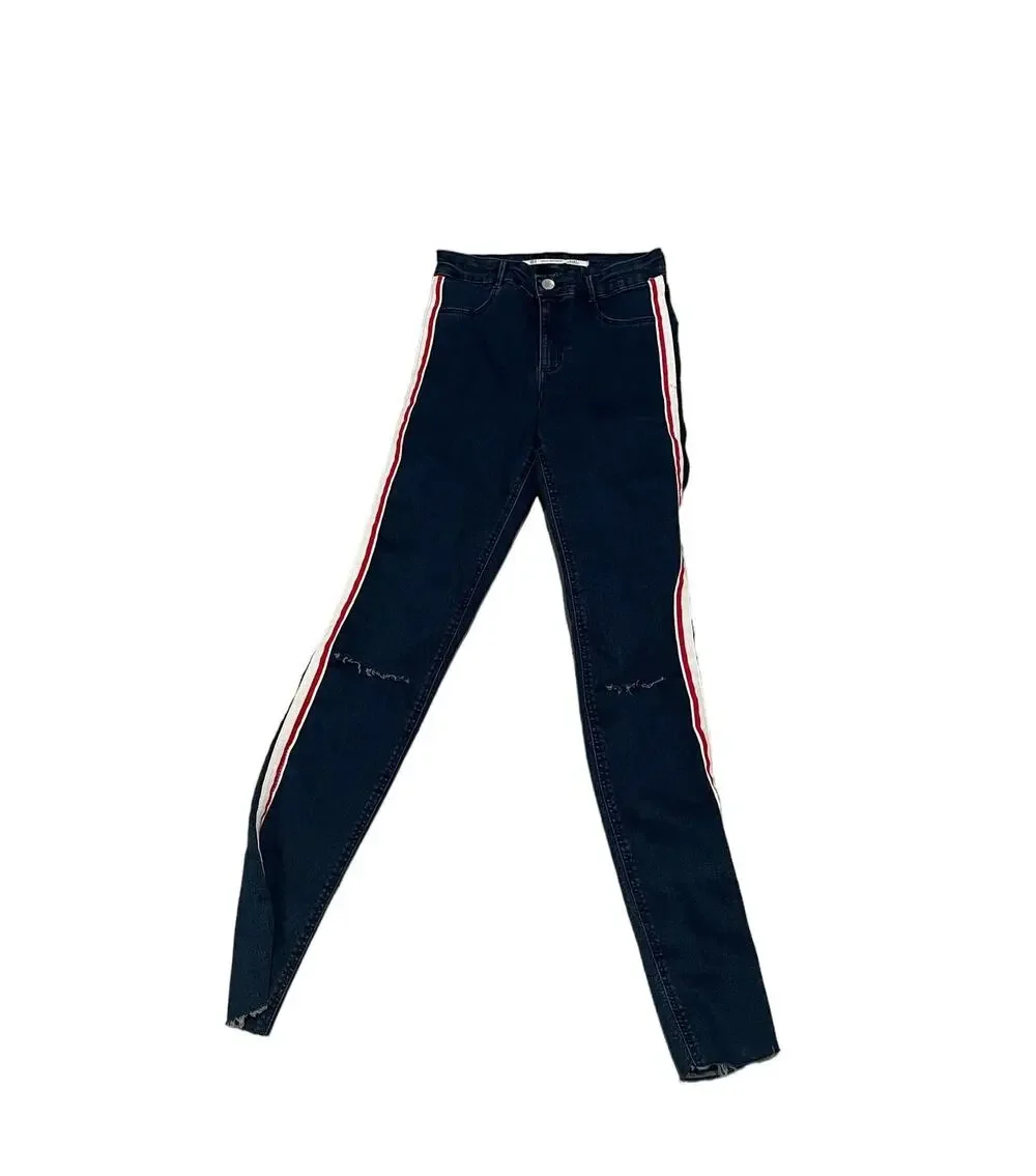 Zara Trafaluc dark skinny jeans red and white striped distressed denim size 4